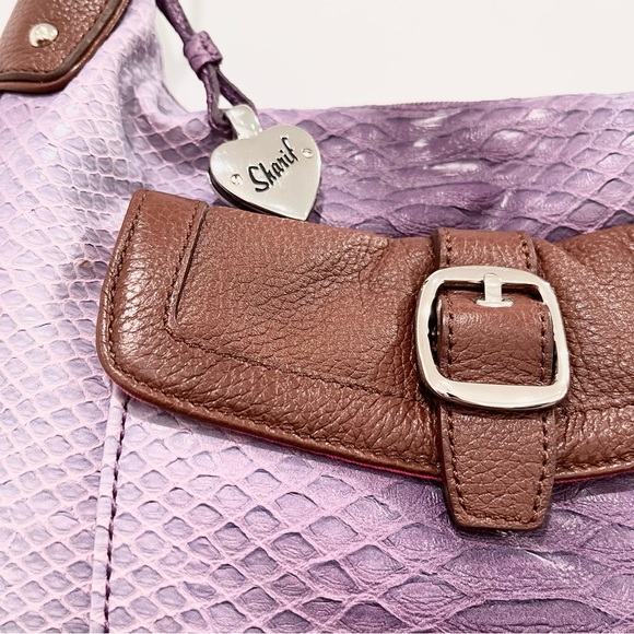 SHARIF 1827 PURPLE & BROWN HANDBAG LEATHER TRIM WITH LAMINATE AND POUCH NWOT - Picture 2 of 8